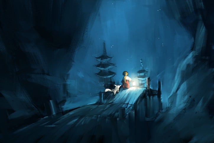 Illustration of a child holding a lantern in a wooded winter night scene with a friendly animal close by.